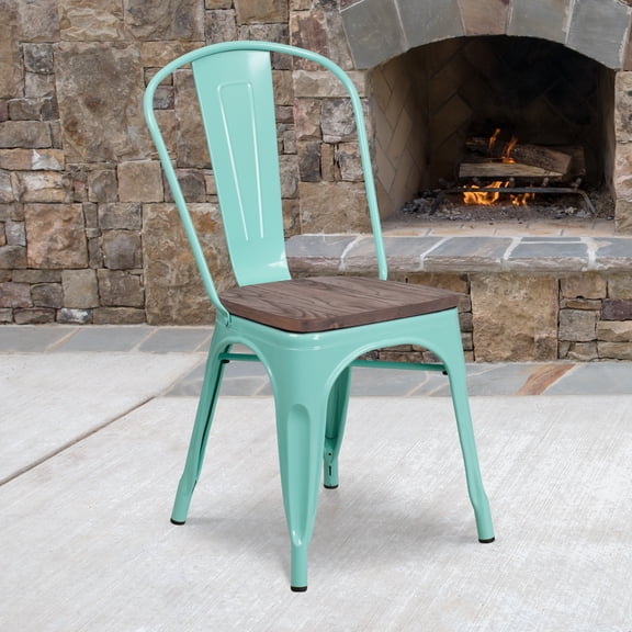 Emma + Oliver Mint Green Metal Stackable Chair with Wood Seat