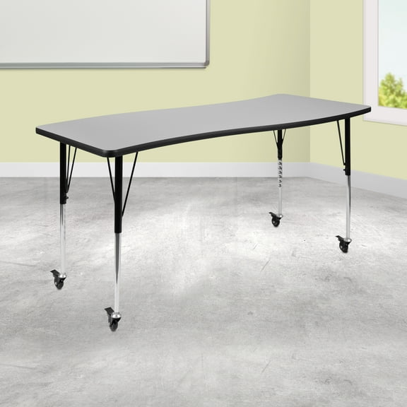 Emma + Oliver Mobile 26"W x 60"L Rectangular Wave Flexible Collaborative Grey Adjustable Activity Table