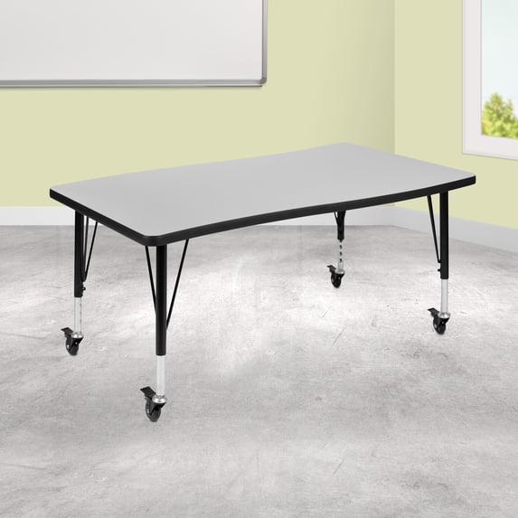 Emma + Oliver Mobile 28"Wx47.5"L Wave Flexible Collaborative Grey Kids Adjustable Activity Table