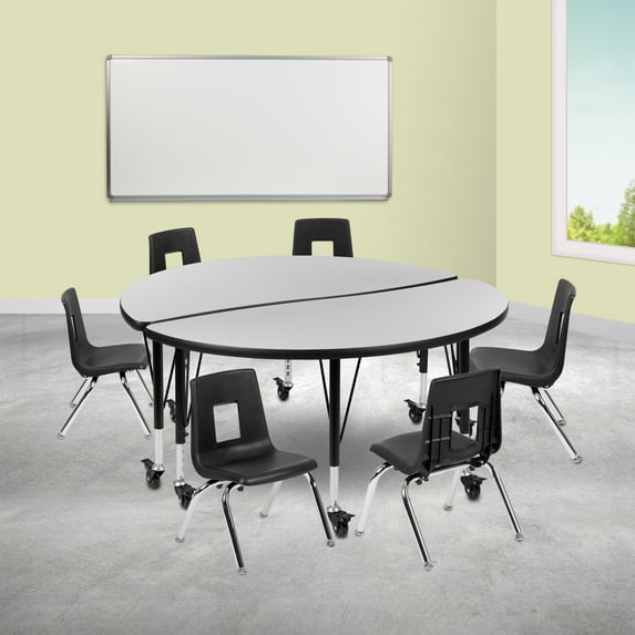 Emma + Oliver Mobile 47.5" Circle Wave Activity Table Set-12" Student Stack Chairs, Grey/Black
