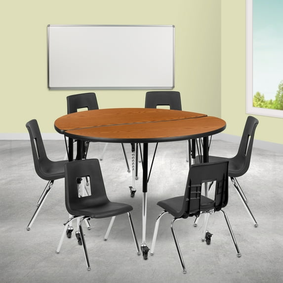 Emma + Oliver Mobile 47.5" Circle Wave Activity Table Set-16" Student Stack Chairs, Oak/Black