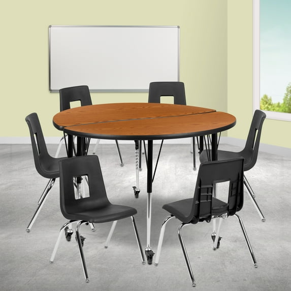 Emma + Oliver Mobile 47.5" Circle Wave Activity Table Set-18" Student Stack Chairs, Oak/Black