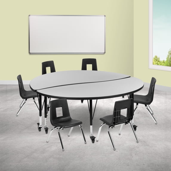 Emma + Oliver Mobile 60" Circle Wave Activity Table Set-14" Student Stack Chairs, Grey/Black