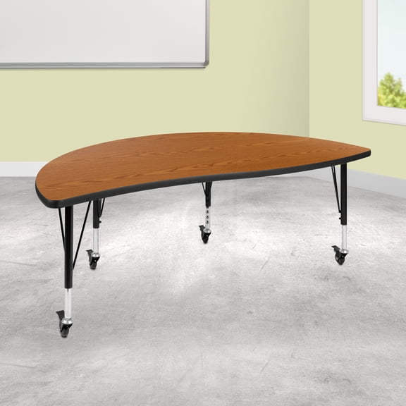 Emma + Oliver Mobile 60" Half Circle Wave Flexible Collaborative Oak Kids Adjustable Activity Table