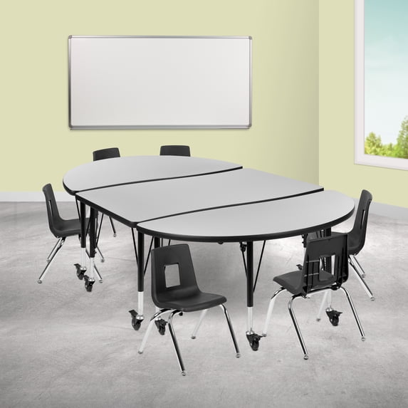 Emma + Oliver Mobile 76" Oval Wave Activity Table Set-12" Student Stack Chairs, Grey/Black