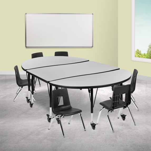 Emma + Oliver Mobile 76" Oval Wave Activity Table Set-14" Student Stack Chairs, Grey/Black