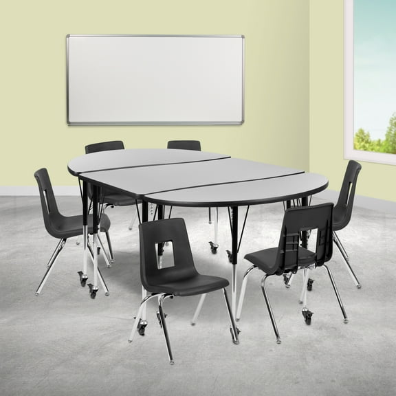 Emma + Oliver Mobile 76" Oval Wave Activity Table Set-16" Student Stack Chairs, Grey/Black