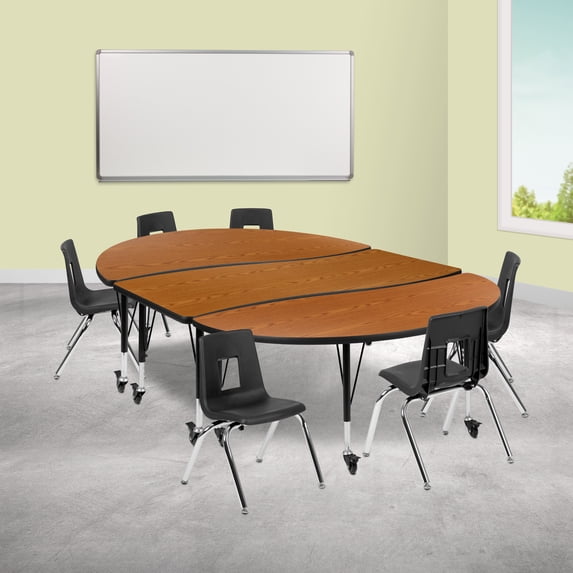 Emma + Oliver Mobile 86" Oval Wave Activity Table Set-14" Student Stack Chairs, Oak/Black