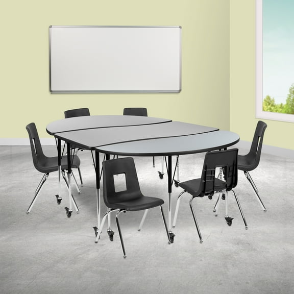 Emma + Oliver Mobile 86" Oval Wave Activity Table Set-16" Student Stack Chairs, Grey/Black