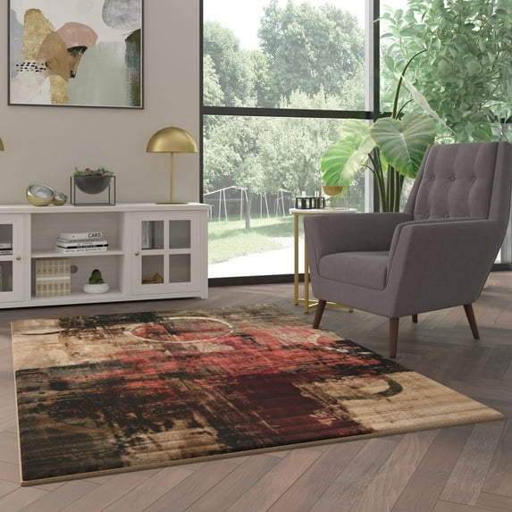Emma + Oliver Modern 5' x 7' Vintage Olefin Abstract Area Rug in Warm Beige, Green and Red with Jute Backing