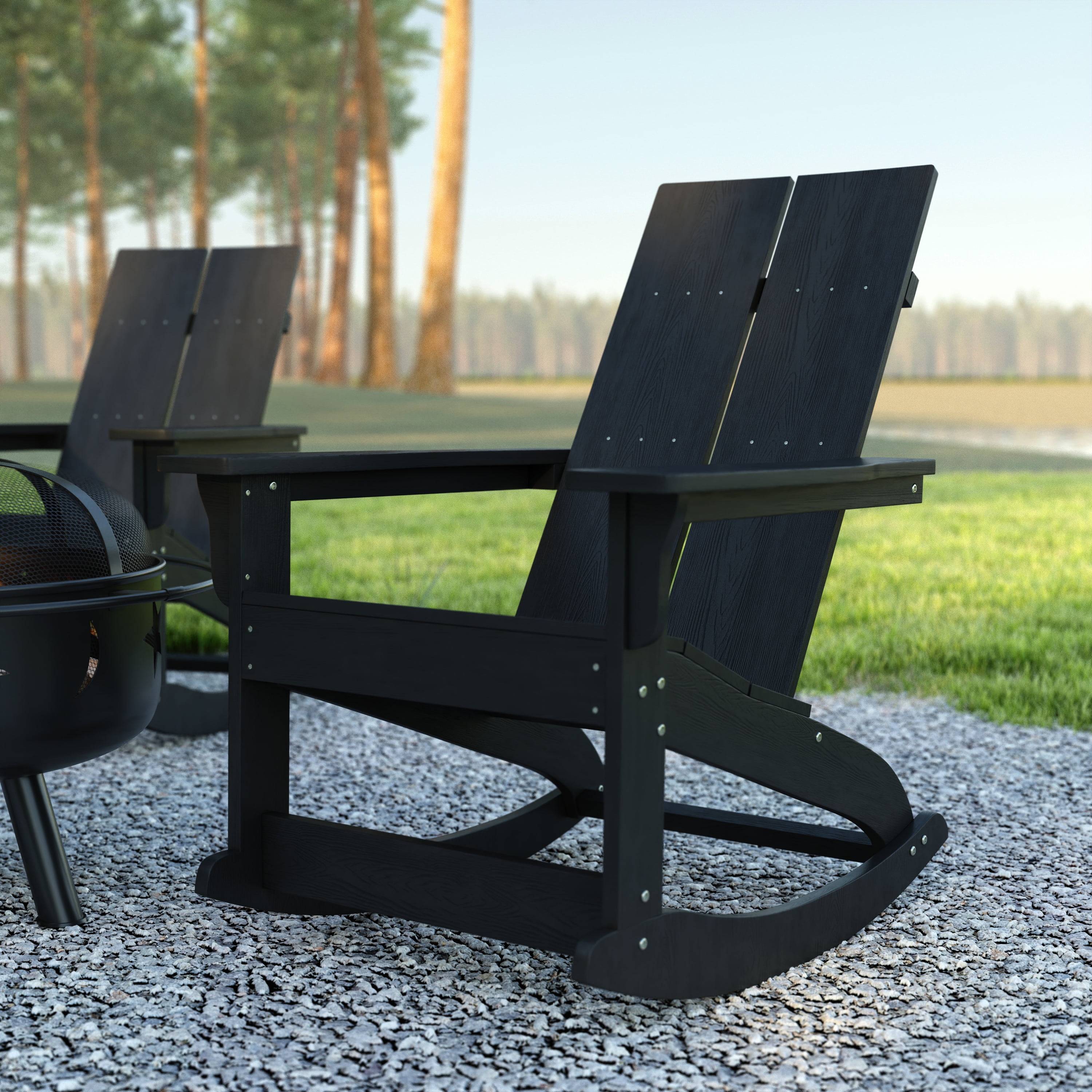 Emma + Oliver Black Poly Resin Adirondack Rocking Chair with Arms