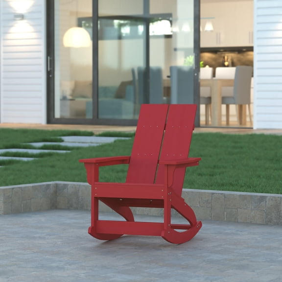 Emma + Oliver Modern All-Weather Red Poly Resin Adirondack Rocking Chair for Indoor/Outdoor Use