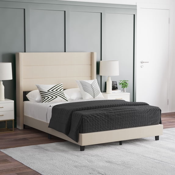 Emma + Oliver Modern Beige Channel Stitched Faux Linen Upholstered Full Platform Bed with Wingback Headboard and Wooden Support Slats; No Box Spring Needed