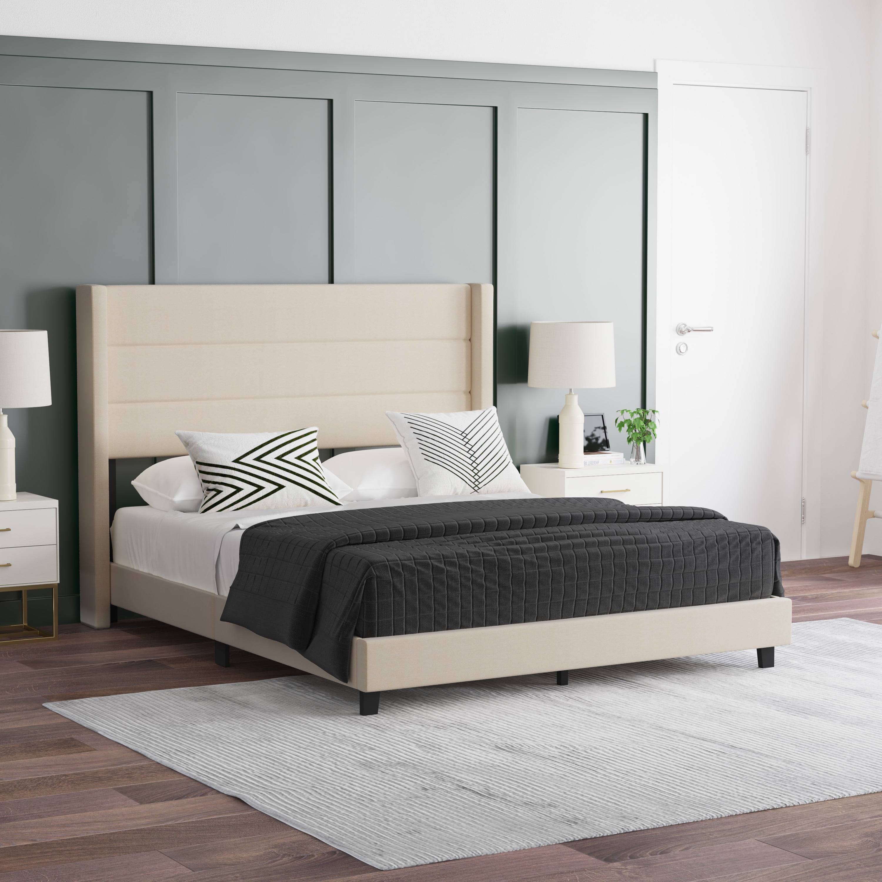 Beige Queen Upholstered Platform Bed with Wingback Headboard