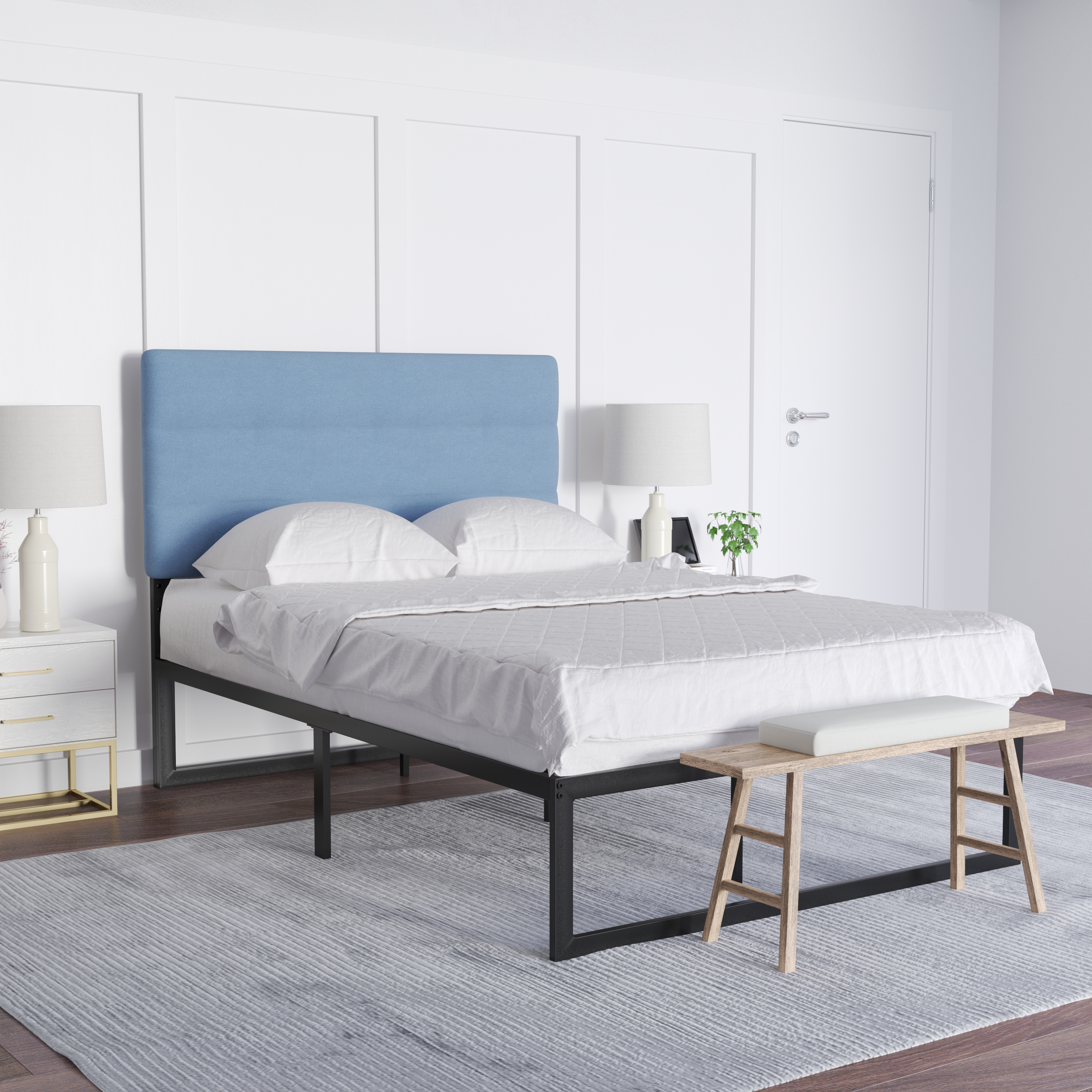 Emma + Oliver Modern Blue Fabric Upholstered Full Headboard with Horizontal Line Stitching and Adjustable Height Rail Slots
