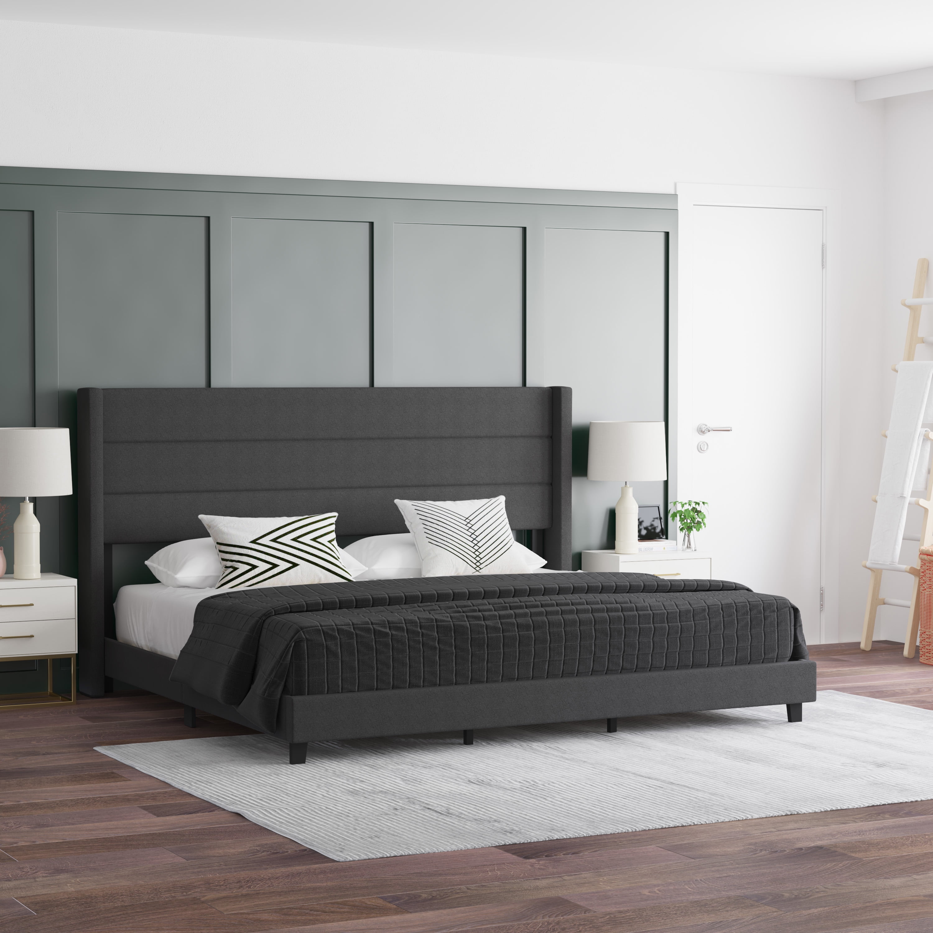 Emma Oliver Modern Charcoal Channel Stitched Faux Linen Upholstered King Platform Bed with Wingback Headboard and Wooden Support Slats No Box