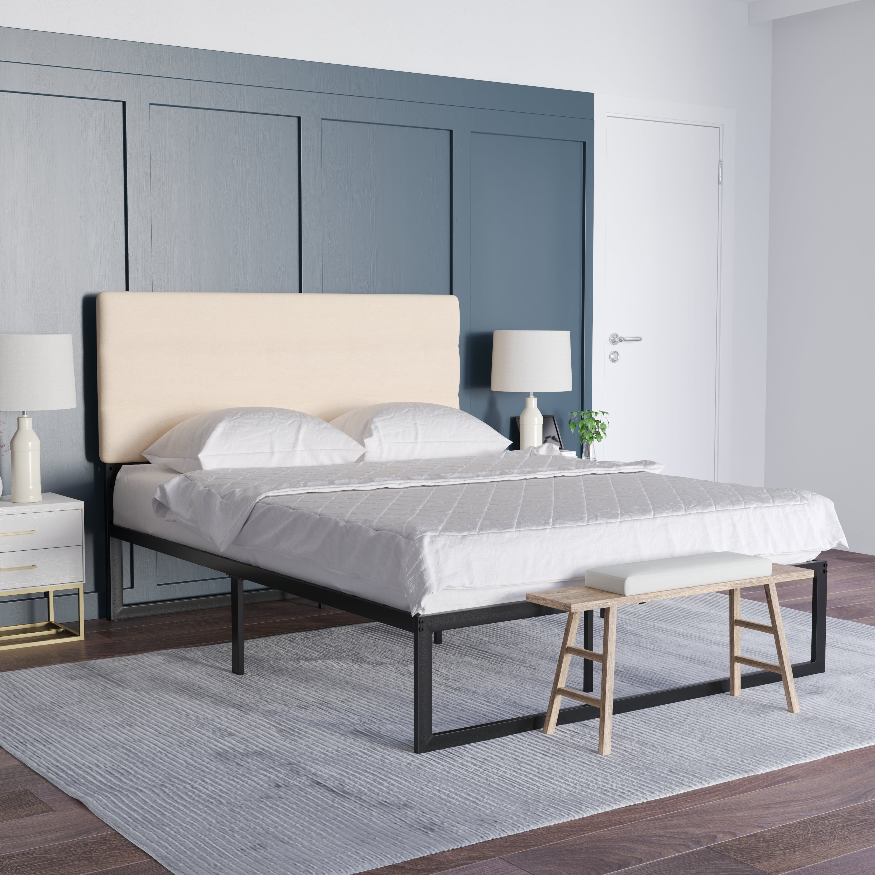 Emma + Oliver Modern Cream Fabric Upholstered Queen Headboard with Horizontal Line Stitching and Adjustable Height Rail Slots