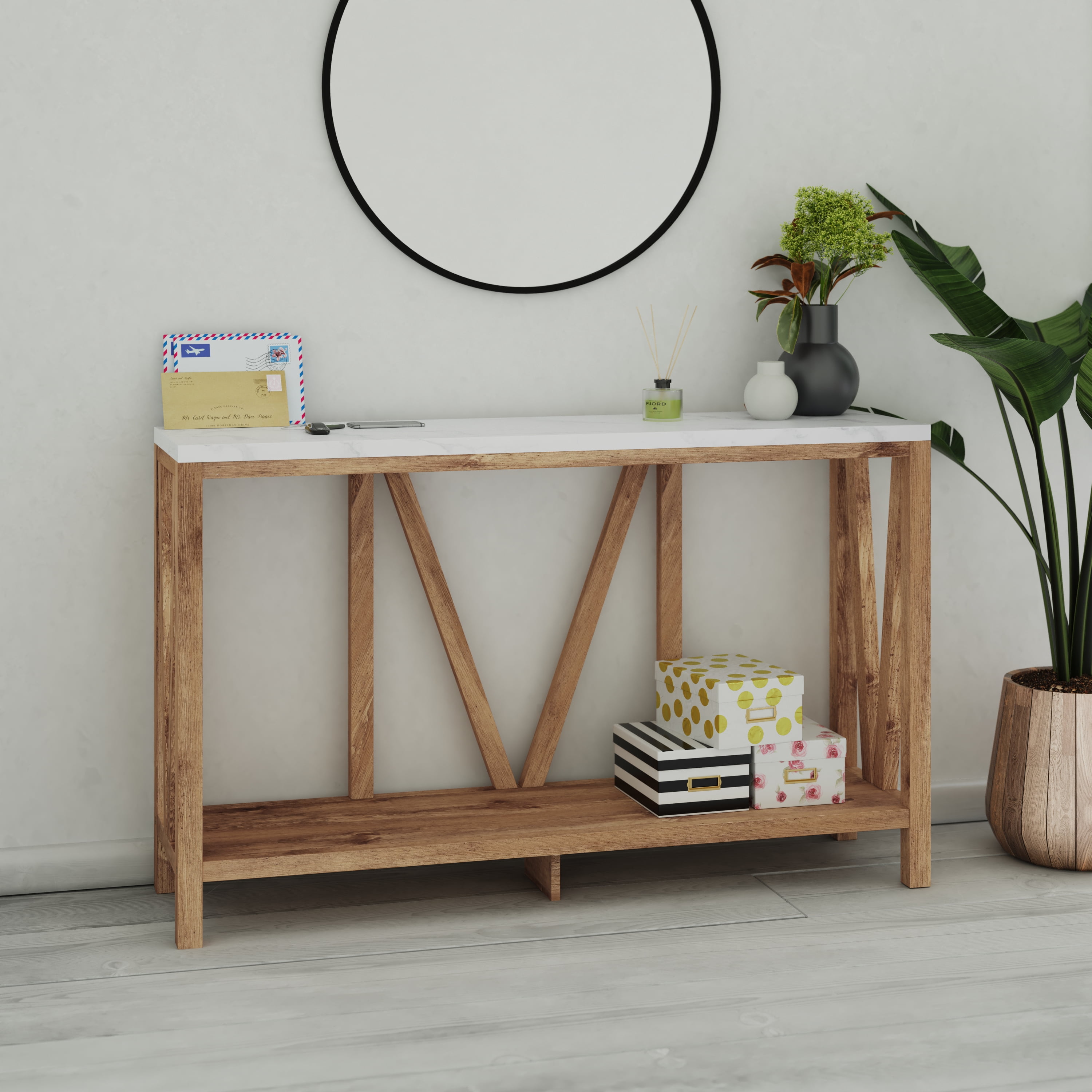 Emma + Oliver Modern Farmhouse Entryway Console Accent Table in Warm Oak with Faux Marble Finished Wood Top