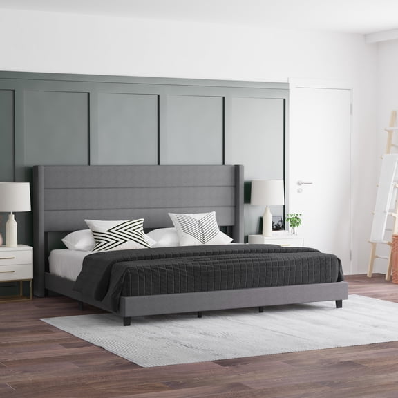 Emma + Oliver Modern Gray Channel Stitched Faux Linen Upholstered King Platform Bed with Wingback Headboard and Wooden Support Slats; No Box Spring Needed