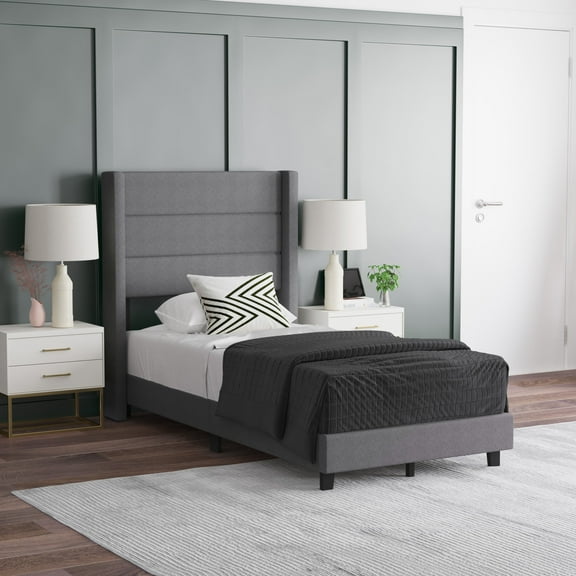 Emma + Oliver Modern Gray Channel Stitched Faux Linen Upholstered Twin Platform Bed with Wingback Headboard and Wooden Support Slats; No Box Spring Needed