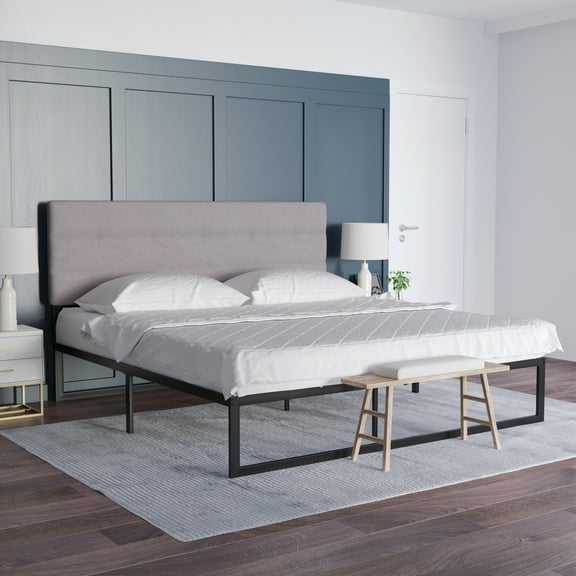 Emma + Oliver Modern Gray Fabric Upholstered King Headboard with Horizontal Line Stitching and Adjustable Height Rail Slots
