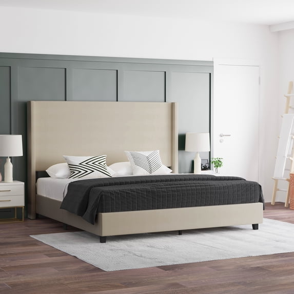 Emma + Oliver Modern Platform Bed with Upholstered Wingback Headboard, King Size, Beige