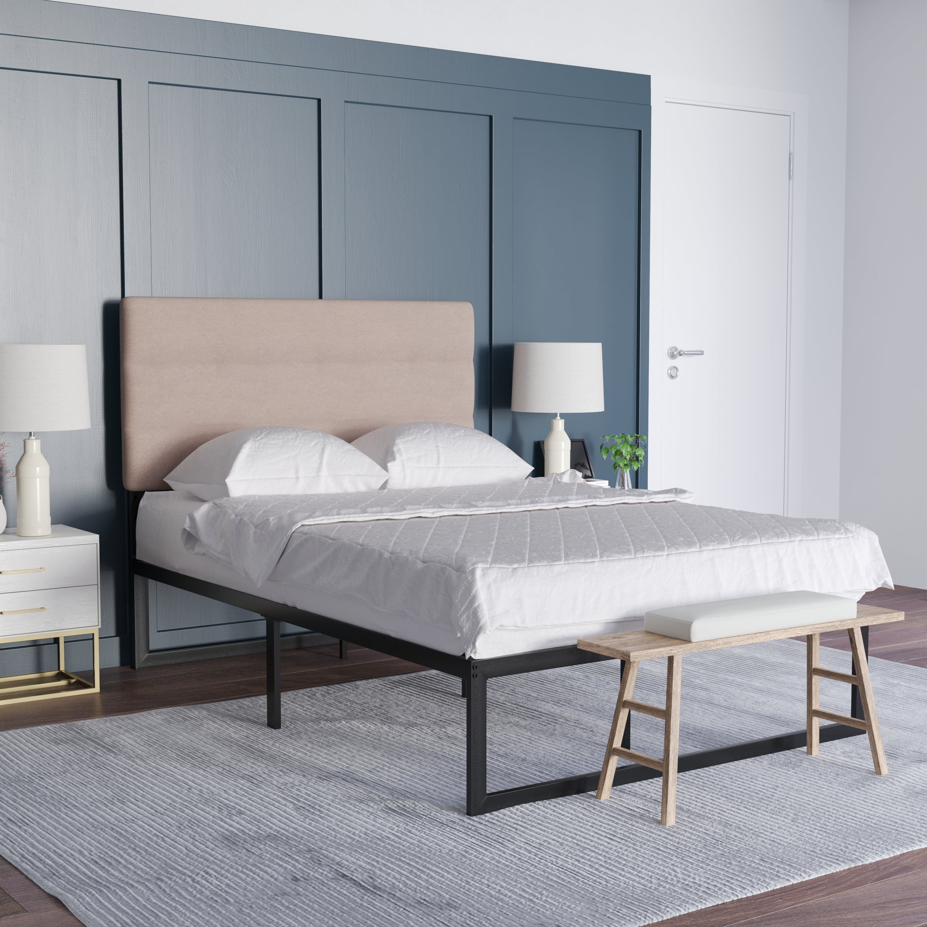 Emma + Oliver Modern Taupe Fabric Upholstered Full Headboard with Horizontal Line Stitching and Adjustable Height Rail Slots