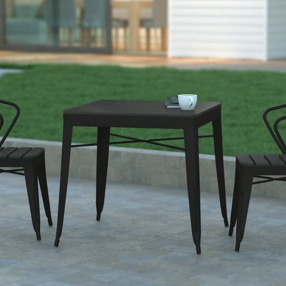 Emma + Oliver Modern Weather and Rust Resistant Black Steel Patio Table with Polyresin Top and Rounded Corners for Indoor and Outdoor Use