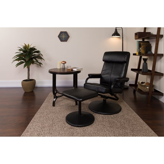Emma + Oliver Multi-Position Headrest Recliner & Ottoman w/ Wrapped Base in Black LeatherSoft