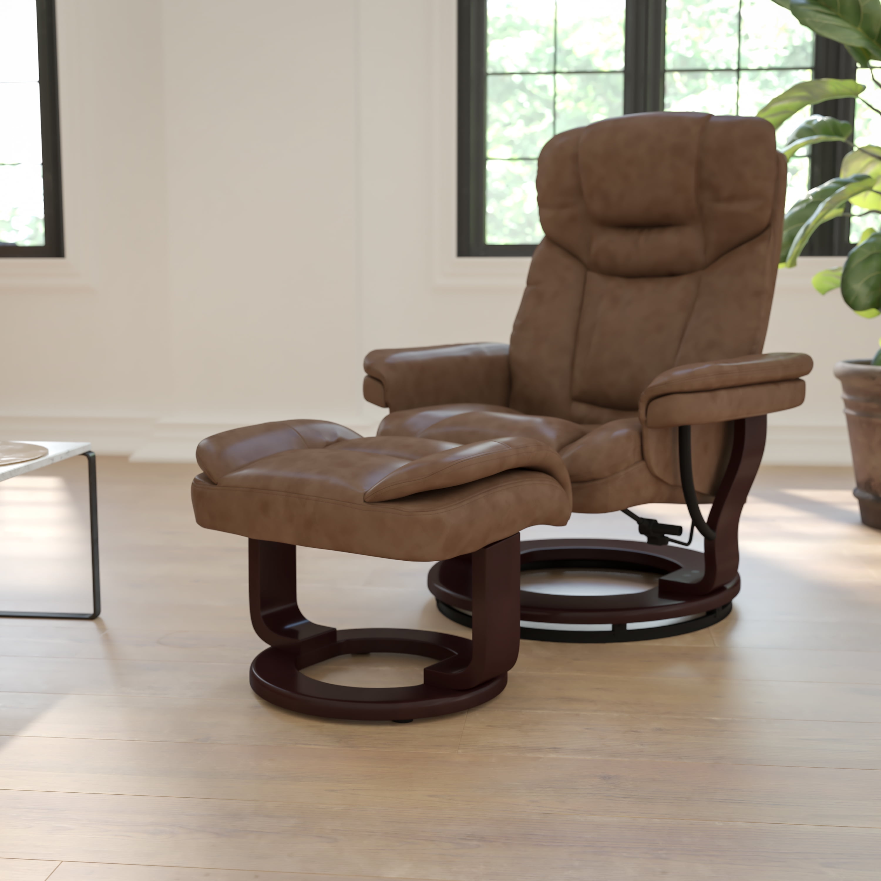 Palimino Leather Swivel Recliner with Mahogany Wood Base