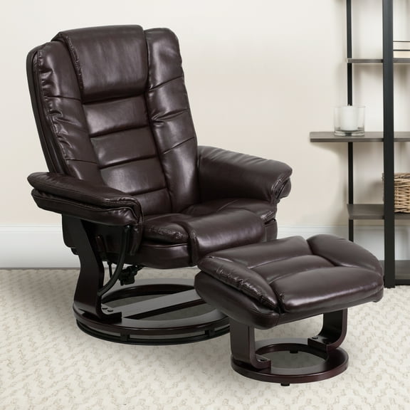 Emma + Oliver Multi-Position Stitched Recliner & Ottoman with Swivel Base in Brown LeatherSoft