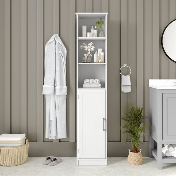 Emma + Oliver Narrow Freestanding Linen Tower Cabinet with 2 In-Cabinet Adjustable Shelves, 3 Upper Open Shelves, and Magnetic Closure Door in White