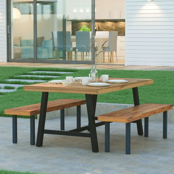 Emma + Oliver Natural Finish Solid Acacia Wood Dining Table with Black Metal Legs for Indoor and Outdoor Use