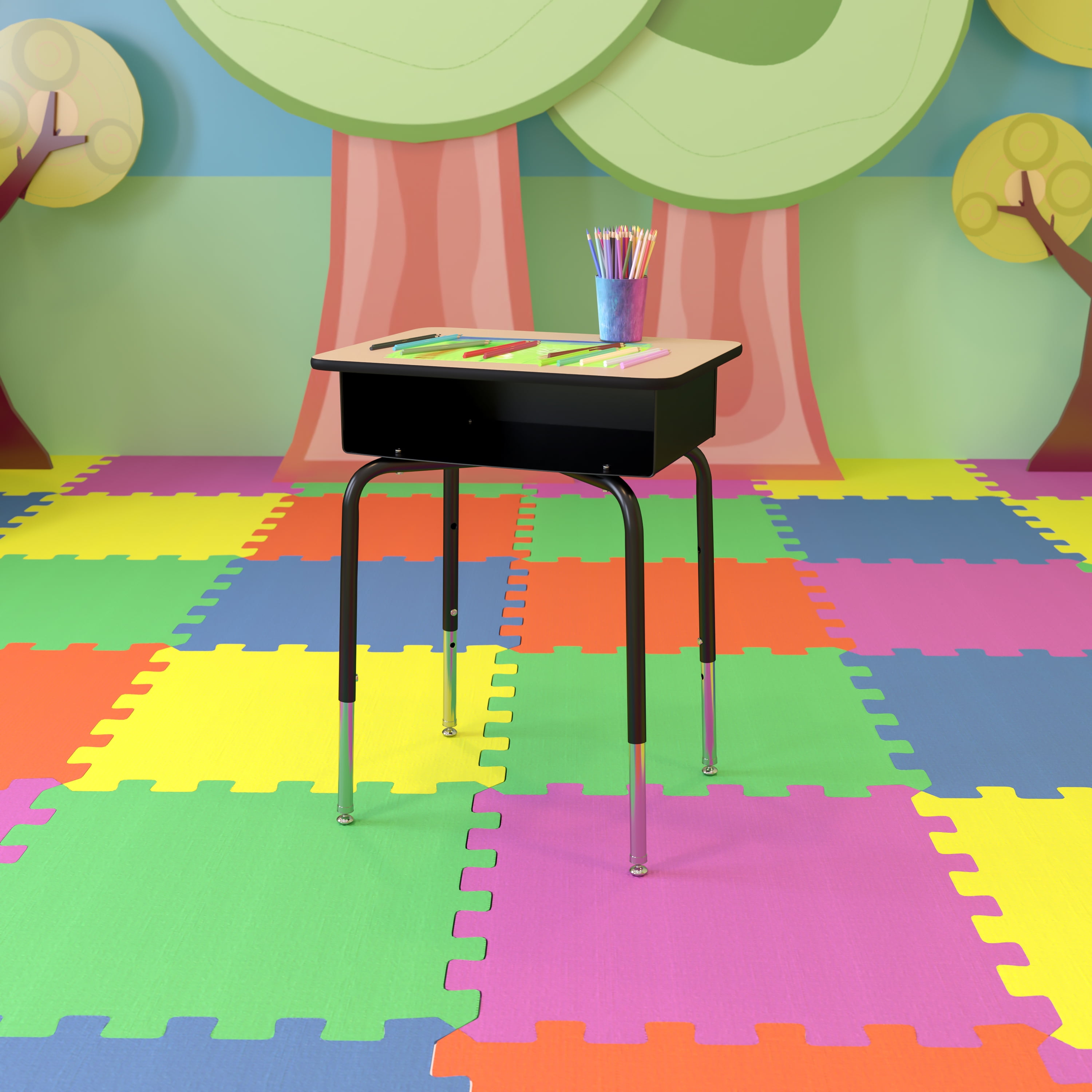 Emma + Oliver Natural Study Table Student Desk with Open Front Metal Book Box