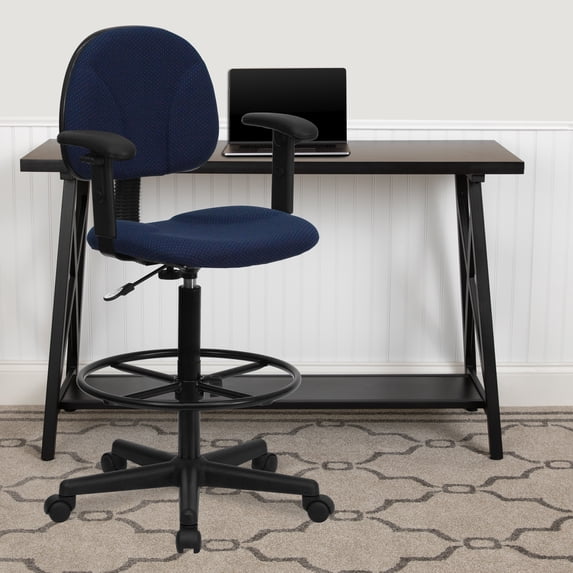Emma + Oliver Navy Blue Fabric 2 Cylinder Drafting Chair with Adjustable Arms