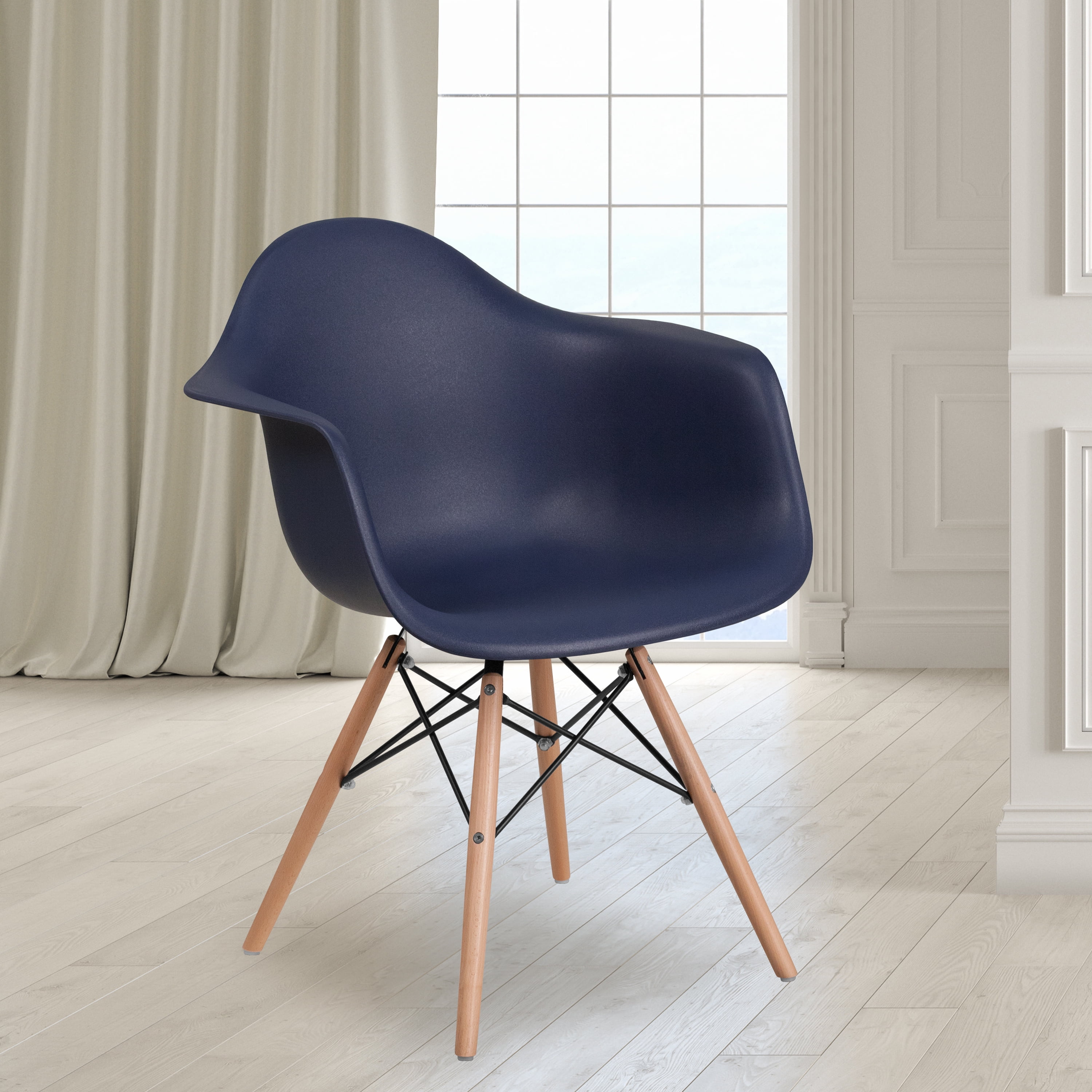Emma Oliver Black Plastic Chair with Arms and Wooden Legs