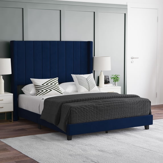 Emma + Oliver Navy Velvet Upholstered Full Platform Bed with Vertical Channel Stitch Detail and Engineered Wood Frame - No Box Spring Required