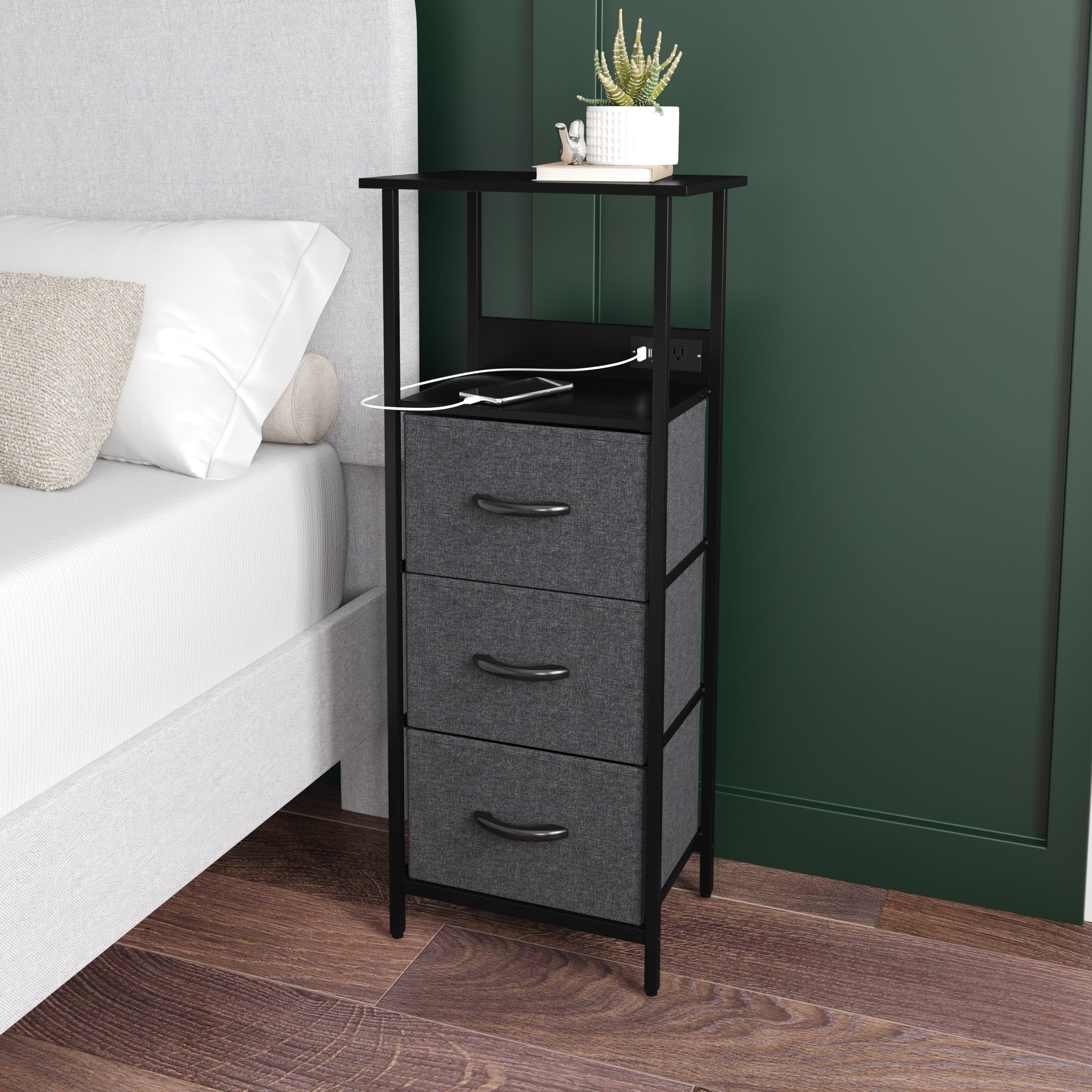 Charcoal Black 3-Drawer Nightstand with USB Charging Station