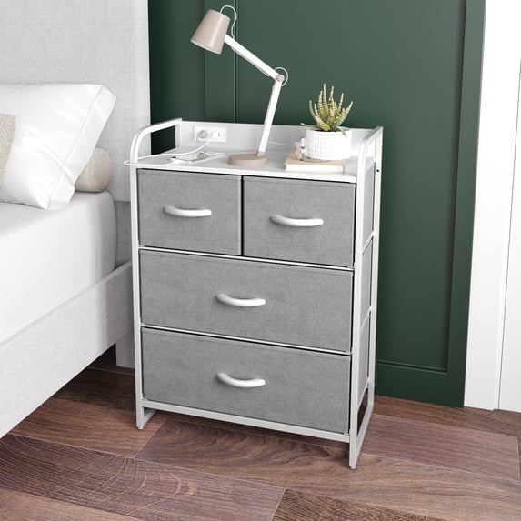 Emma + Oliver Nightstand with 4 Gray Fabric Drawers, Charging Station with 2 USB Ports/Power Outlet, White Engineered Wood Top, Wood Handles, Metal Frame