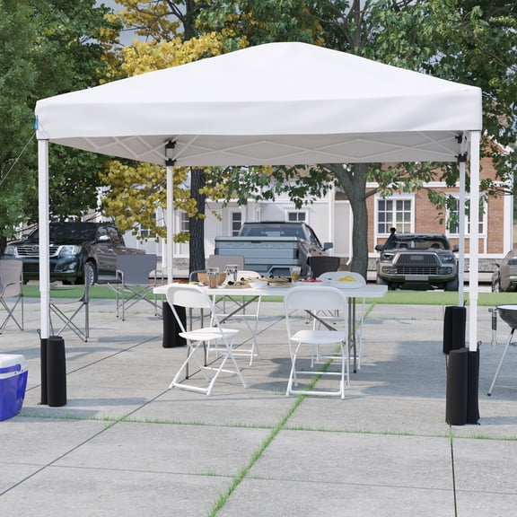 Emma + Oliver Outdoor Event/Tailgate Set with 10'x10' White Pop Up Event Canopy with Wheeled Case, 6' Bi-Fold Table and 4 White Folding Chairs
