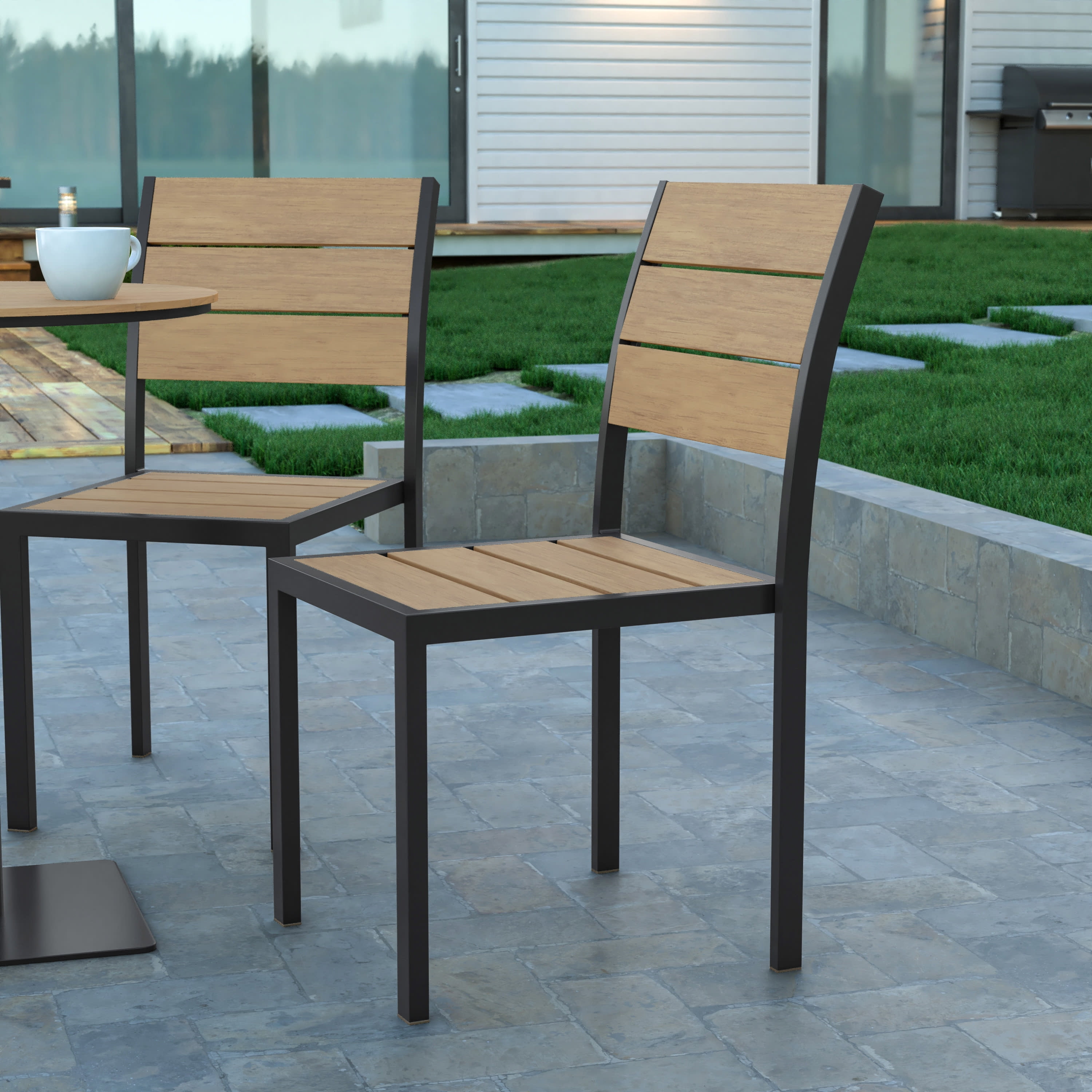 Natural Faux Teak and Gray Metal Armless Stacking Chair