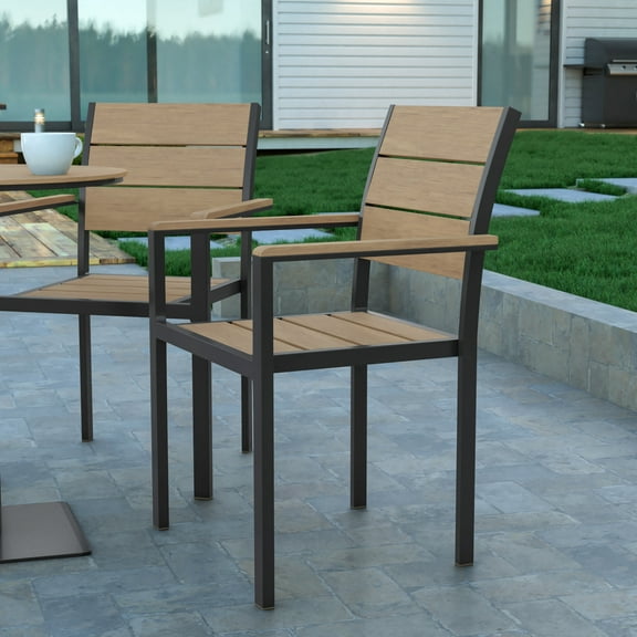 Emma + Oliver Outdoor Stacking Side Chair with Natural Faux Teak Poly Slat Seat, Back and Arms and Gray Metal Frame