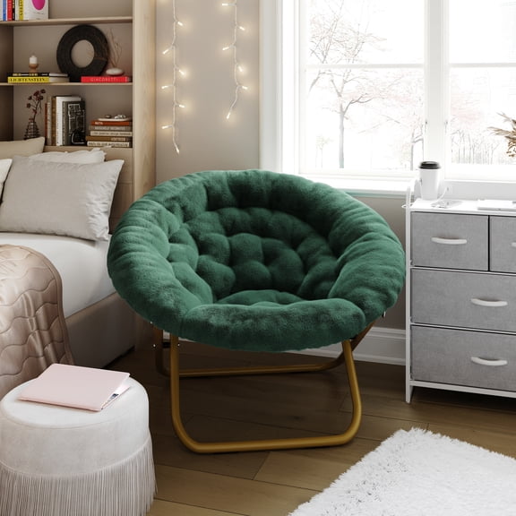 Emma + Oliver Oversize Faux Fur Folding Saucer Moon Chair for Dorm and Bedroom, Emerald Faux Fur/Soft Gold Frame