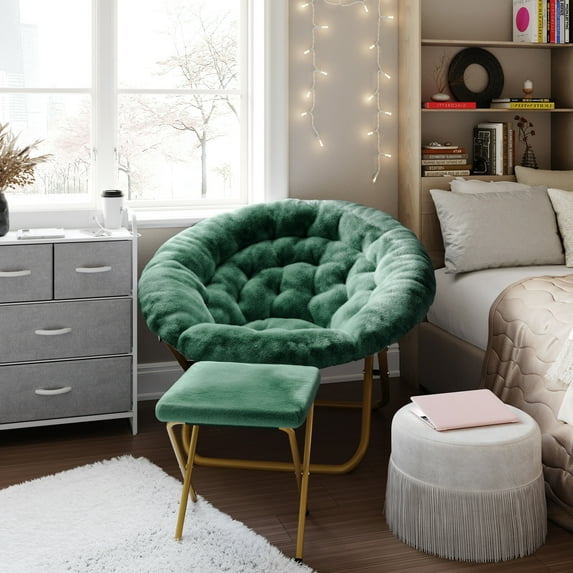 Emma + Oliver Oversize Faux Fur Folding Saucer Moon Chair with Ottoman for Dorm and Bedroom, Emerald Faux Fur/Soft Gold Frame
