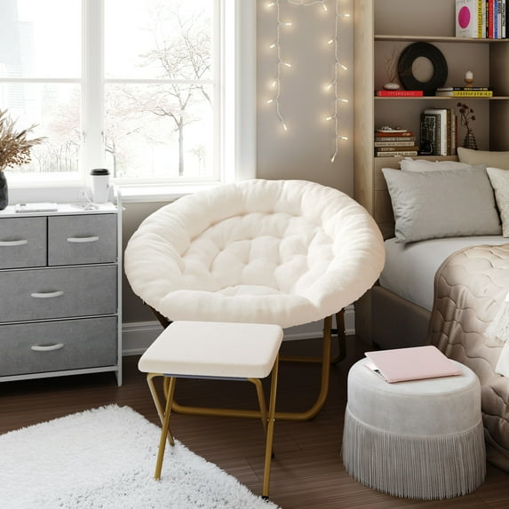 Emma + Oliver Oversize Faux Fur Folding Saucer Moon Chair with Ottoman for Dorm and Bedroom, Ivory Faux Shearling/Soft Gold Frame