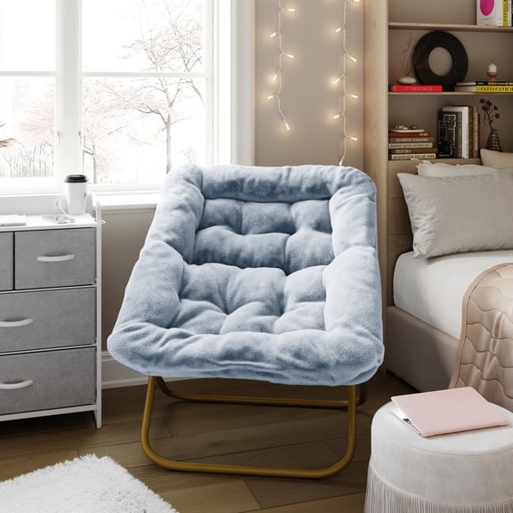 Emma + Oliver Oversized Faux Fur Folding Saucer Chair for Dorm, Bedroom, Dusty Aqua Faux Fur/Soft Gold Frame
