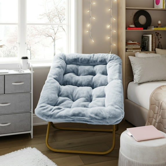 Emma + Oliver Oversized Faux Fur Folding Saucer Chair for Dorm, Bedroom, Dusty Aqua Faux Fur/Soft Gold Frame