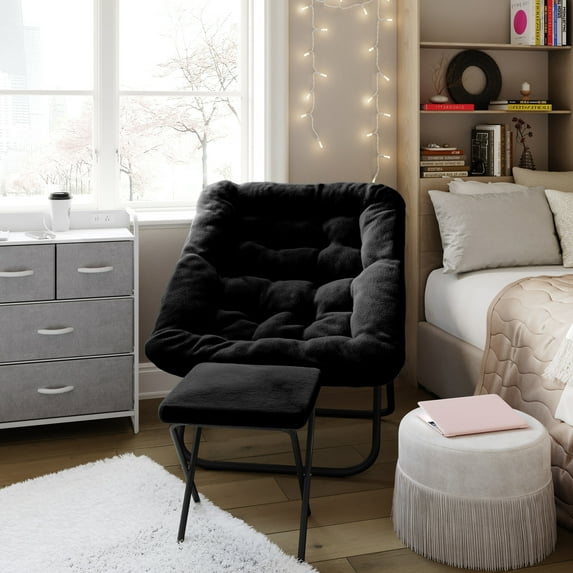 Emma + Oliver Oversized Faux Fur Folding Saucer Chair with Ottoman for Dorm, Bedroom, Black Faux Fur/Black Frame