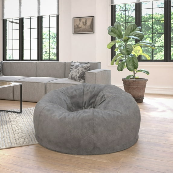Emma + Oliver Oversized Gray Furry Refillable Bean Bag Chair for All Ages