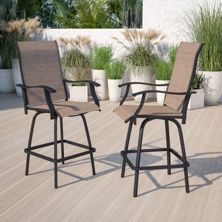 Emma + Oliver Patio Bar Height Stools Set of 2, All-Weather Textilene Swivel Stools in Brown